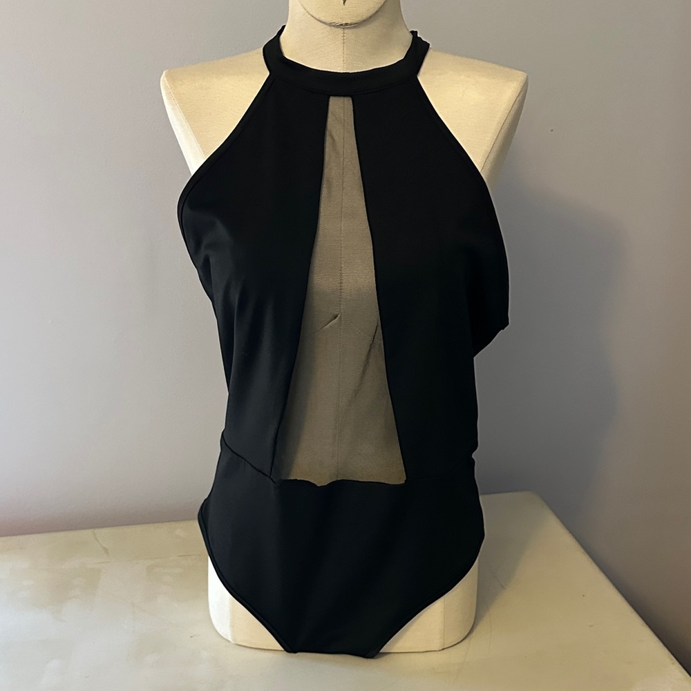 Venus Black Halter Bodysuit with Sheer Panel